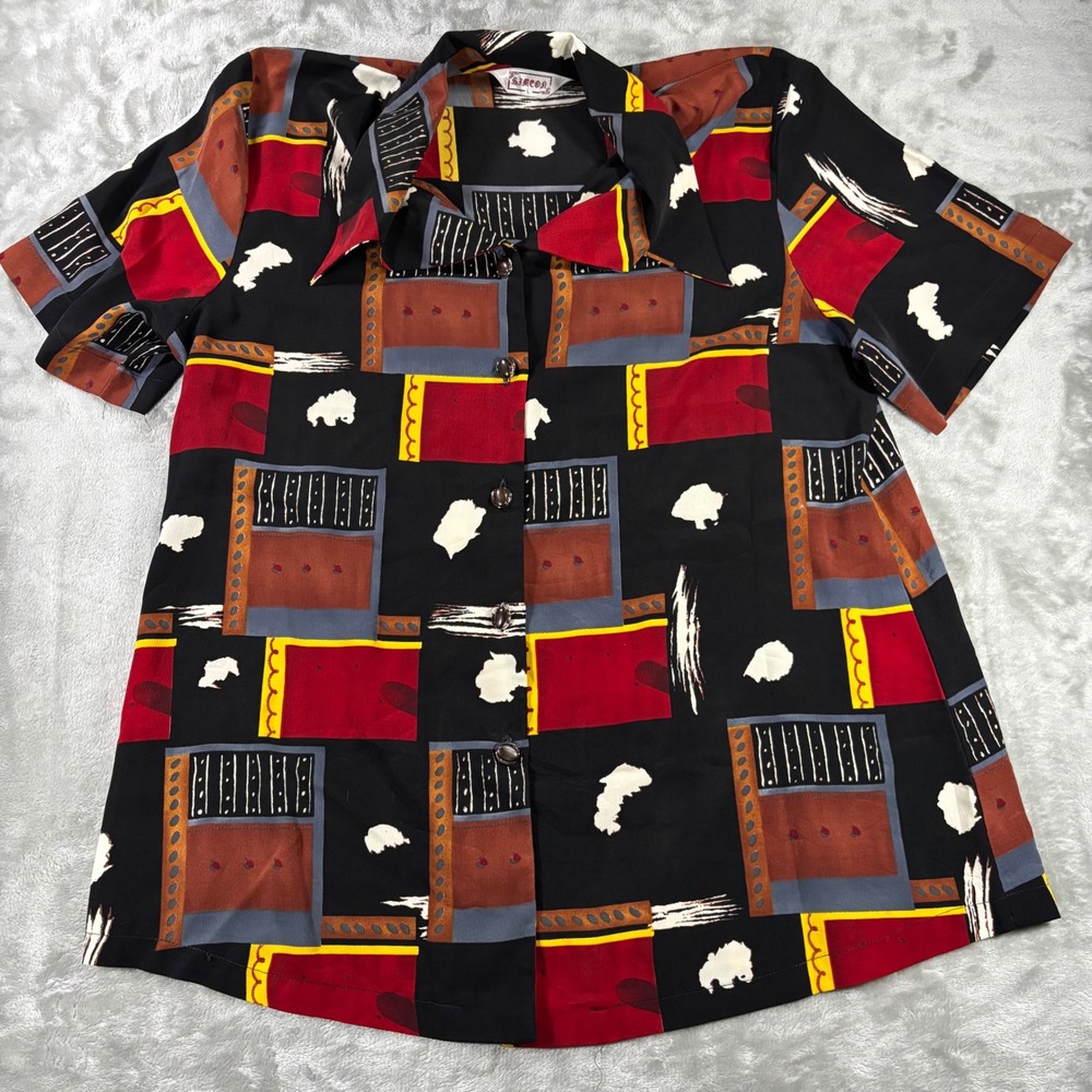 Vintage Simon Abstract Geometric Print Button Down Shirt Black Red Yellow Large